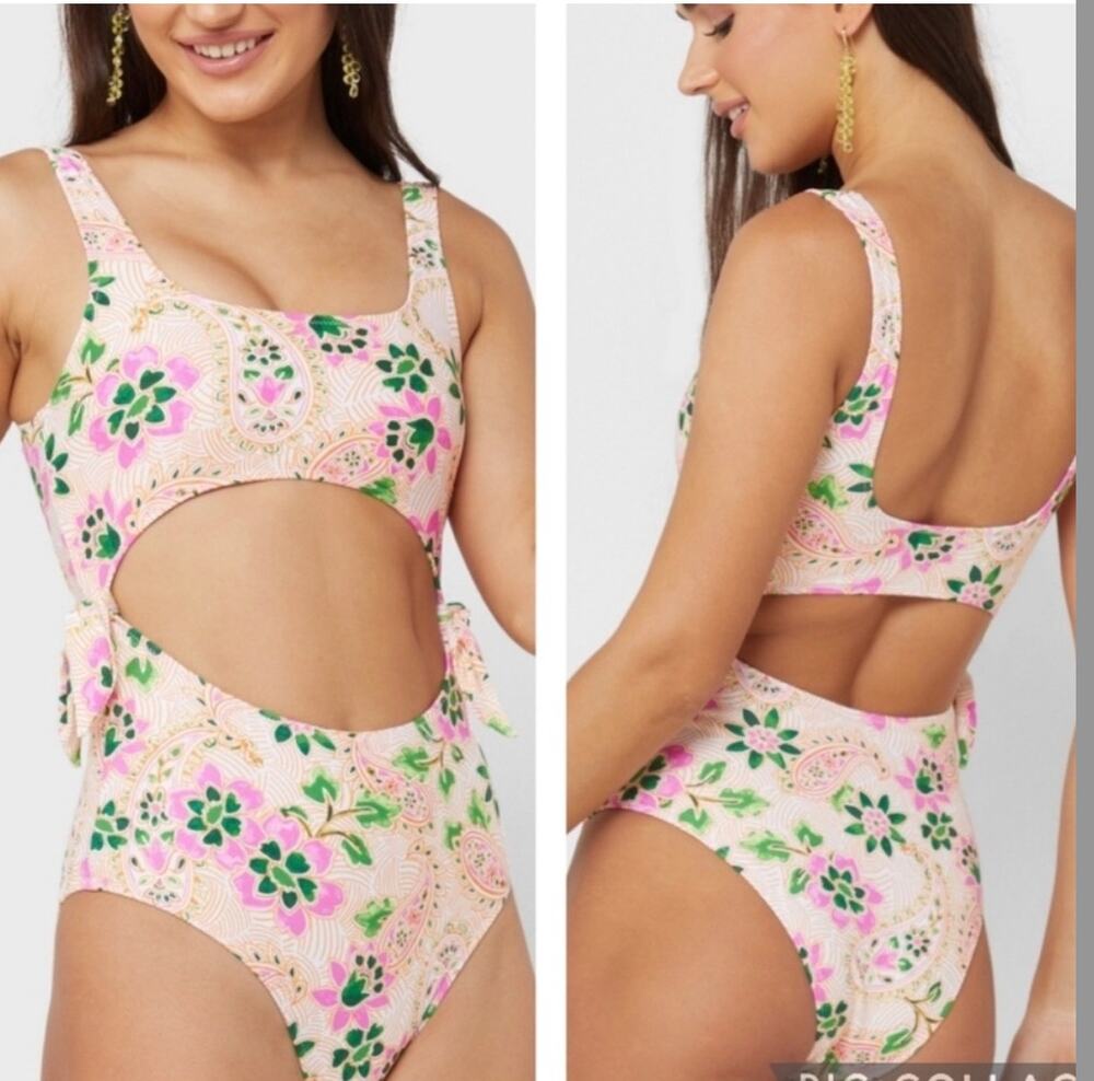 AERIE Tie Cut Out One Piece Paisley Pink Floral Swimsuit Lip Gloss